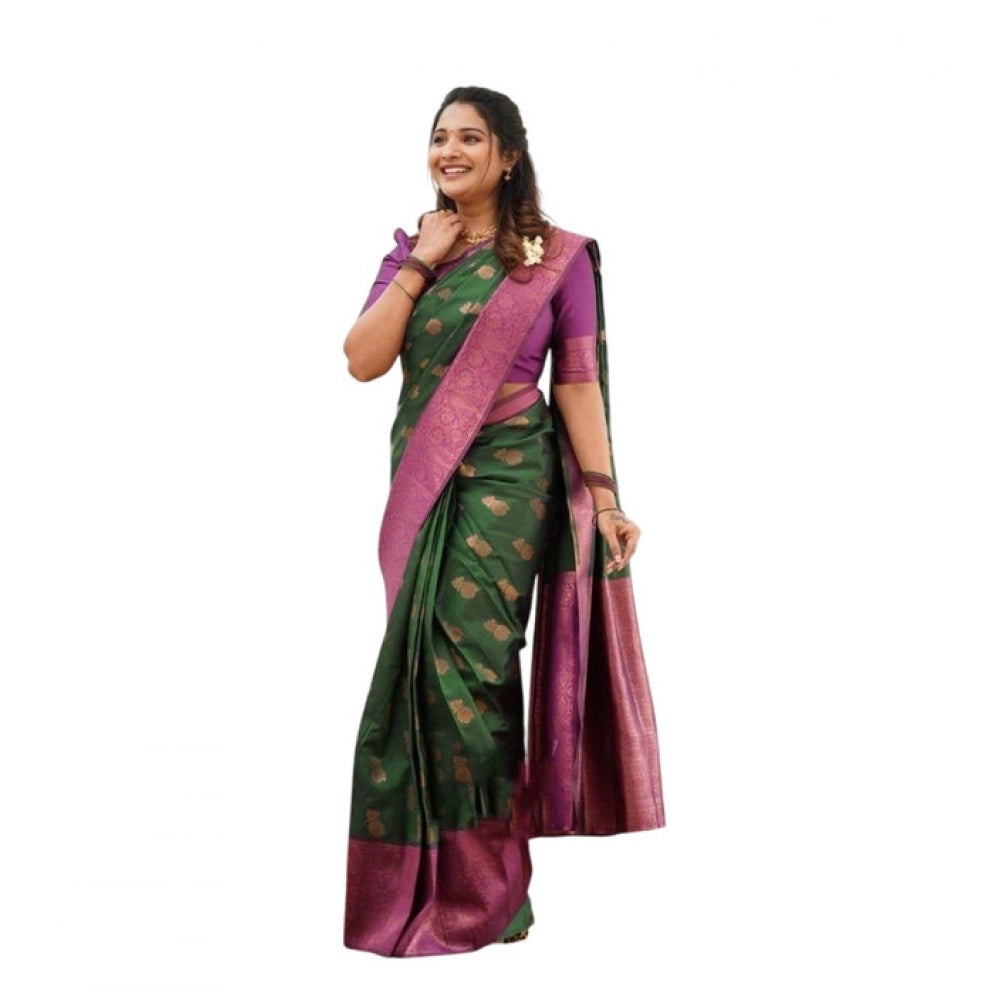 Women's Litchi Silk Printed Saree With Unstitched Blouse (green) | Women Signature Collection