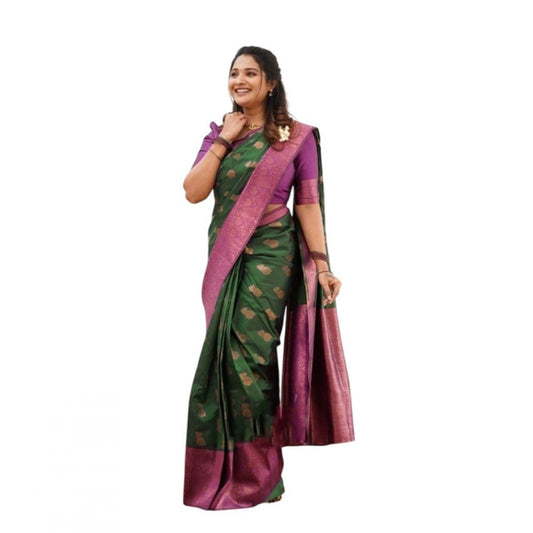 Women's Litchi Silk Printed Saree With Unstitched Blouse (green) | Women Signature Collection