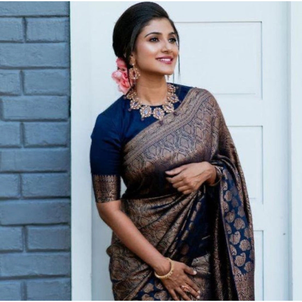 Women's Litchi Silk Printed Saree With Unstitched Blouse (blue) | Women Signature Collection