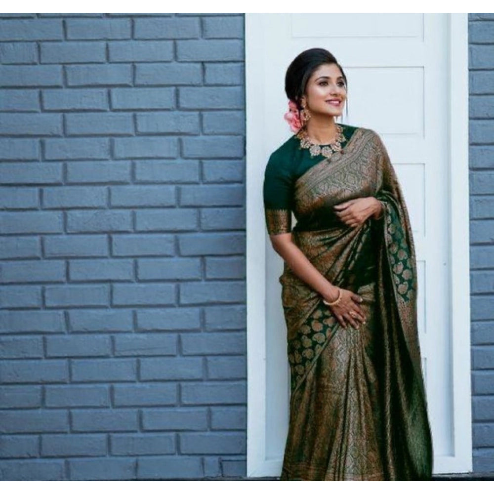 Women's Litchi Silk Printed Saree With Unstitched Blouse (green) | Women Signature Collection
