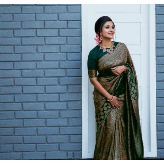 Women's Litchi Silk Printed Saree With Unstitched Blouse (green) | Women Signature Collection