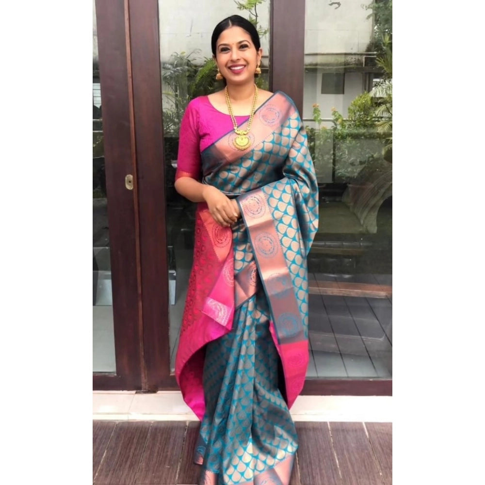Women's Litchi Silk Printed Saree With Unstitched Blouse (blue) | Women Signature Collection