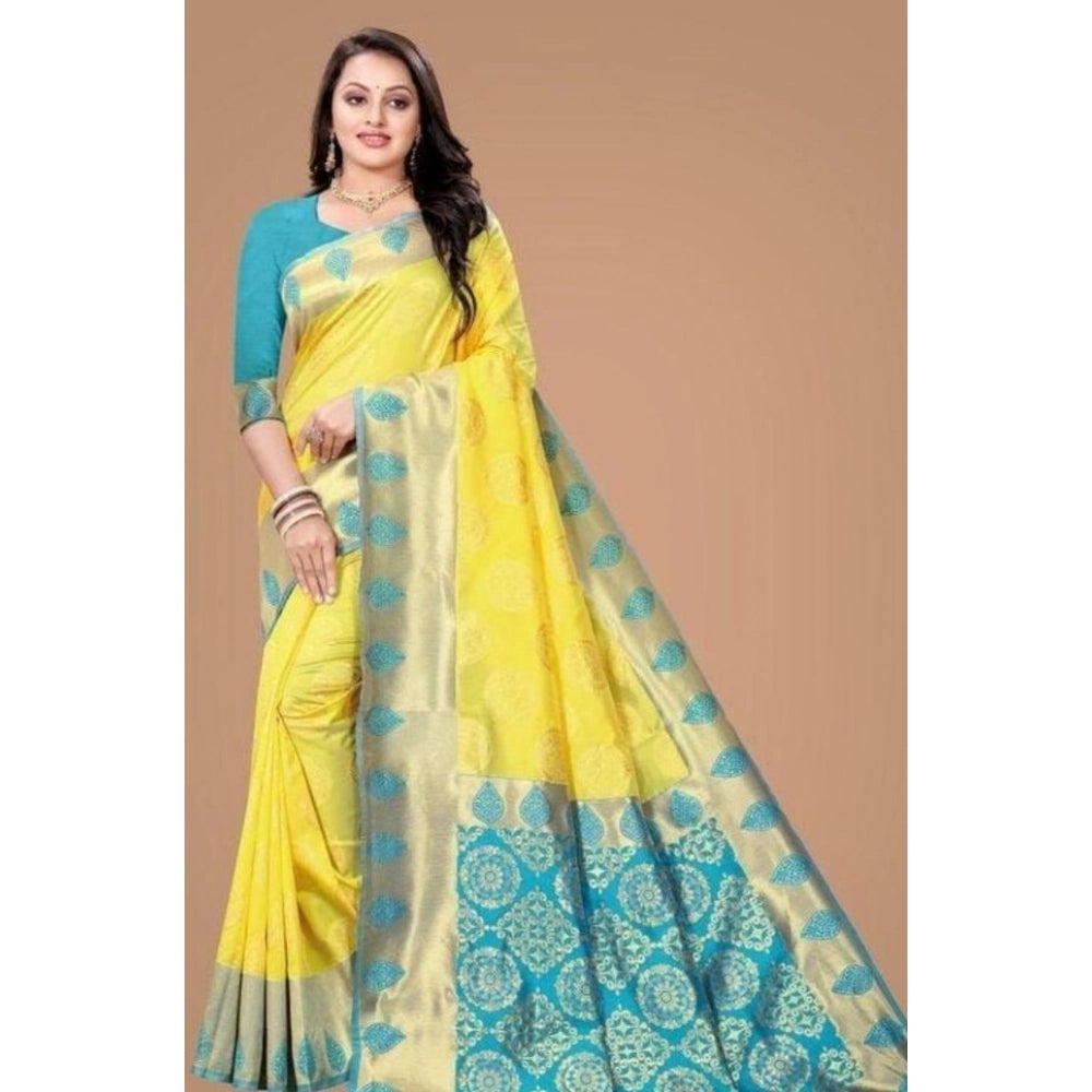 Women's Litchi Silk Printed Saree With Unstitched Blouse (yellow) | Women Signature Collection