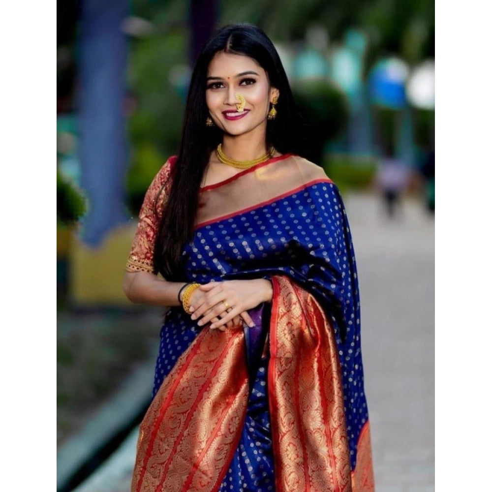 Women's Litchi Silk Printed Saree With Unstitched Blouse (blue) | Women Signature Collection