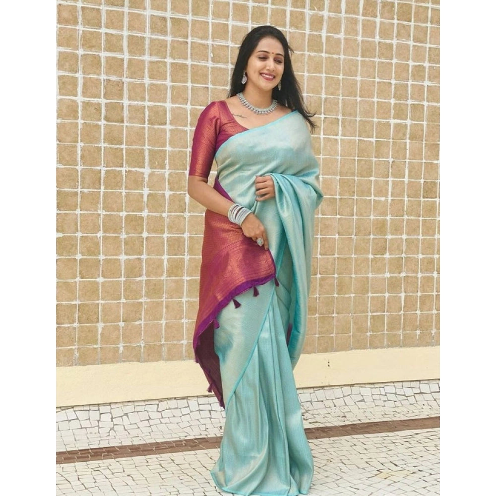 Women's Litchi Silk Printed Saree With Unstitched Blouse (blue) | Women Signature Collection