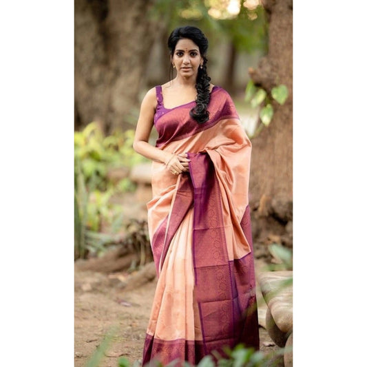 Women's Litchi Silk Printed Saree With Unstitched Blouse (beige) | Women Signature Collection