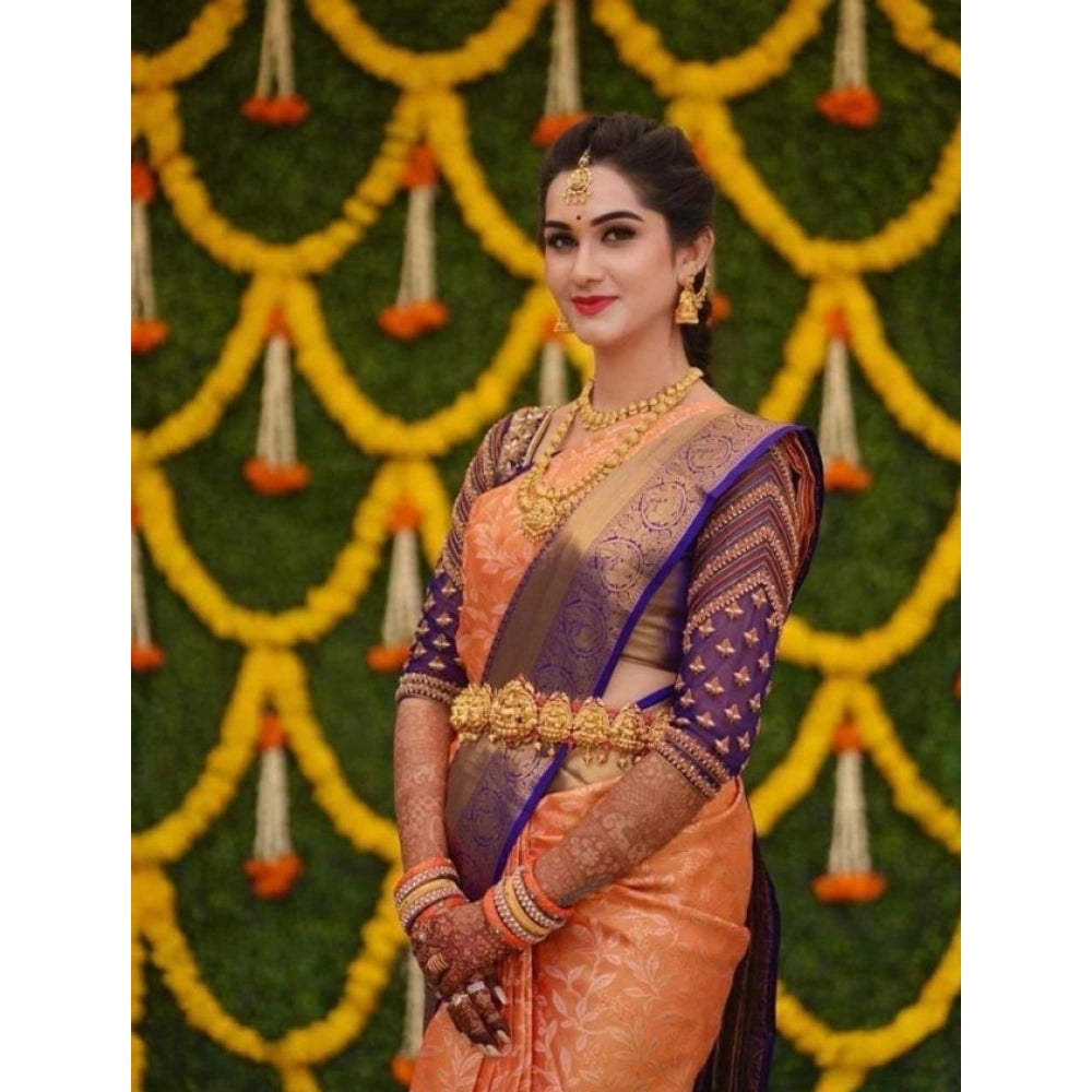Women's Litchi Silk Printed Saree With Unstitched Blouse (orange) | Women Signature Collection