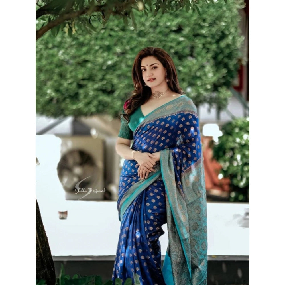 Women's Litchi Silk Printed Saree With Unstitched Blouse (navy Blue) | Women Signature Collection