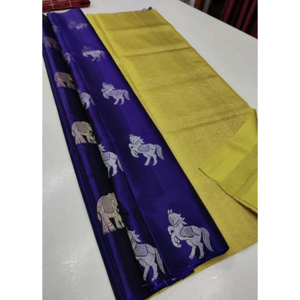 Women's Litchi Silk Printed Saree With Unstitched Blouse (navy Blue With Yellow) | Women Signature Collection
