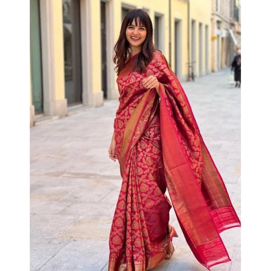 Women's Litchi Silk Printed Saree With Unstitched Blouse (red) | Women Signature Collection