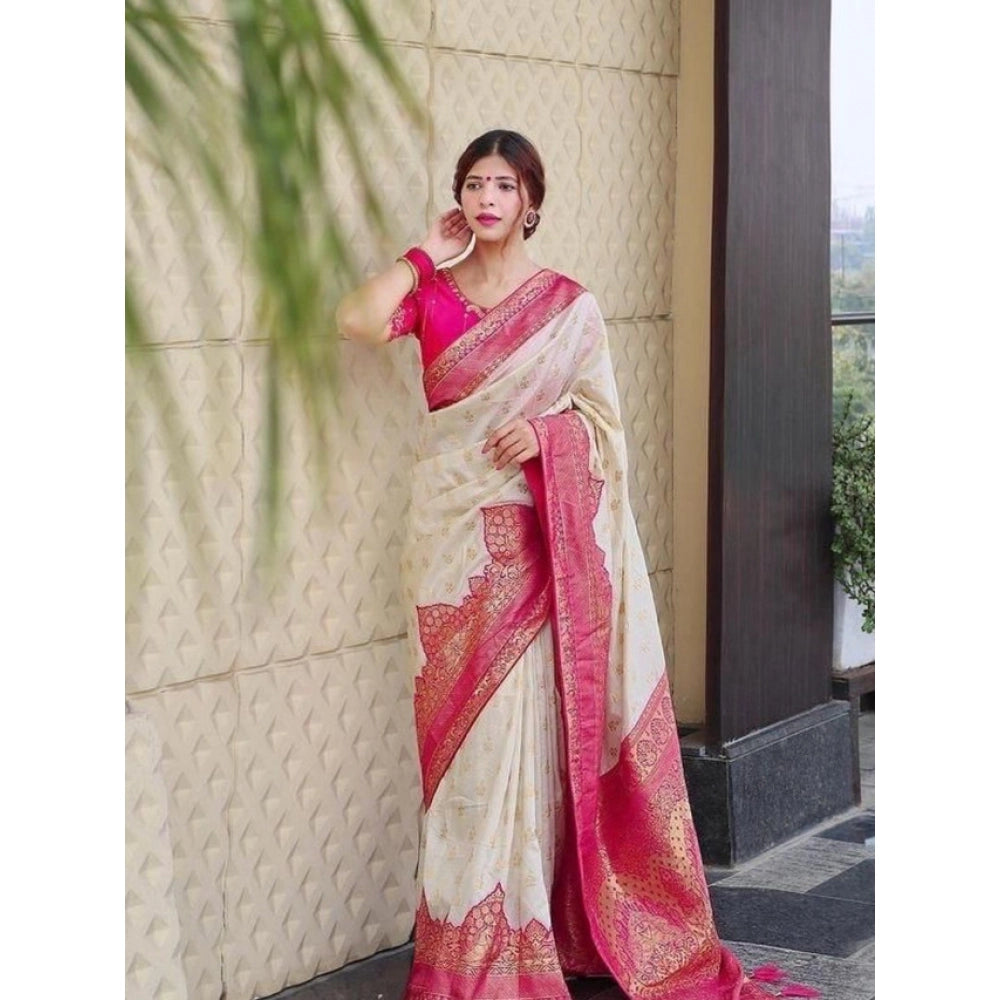 Women's Litchi Silk Printed Saree With Unstitched Blouse (half White) | Women Signature Collection