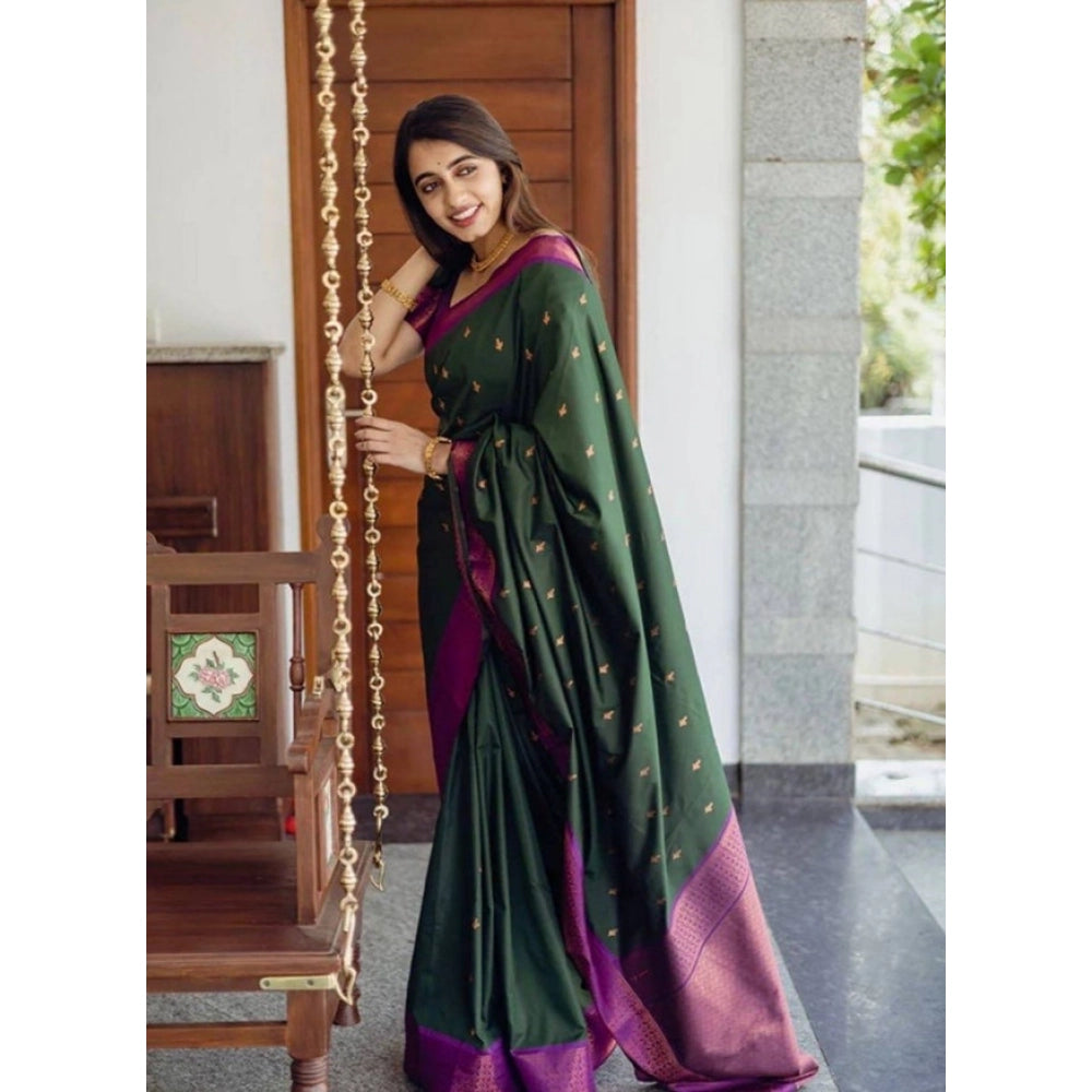 Women's Litchi Silk Printed Saree With Unstitched Blouse (dark Green) | Women Signature Collection