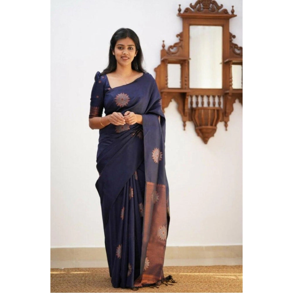 Women's Litchi Silk Printed Saree With Unstitched Blouse (dark Blue) | Women Signature Collection