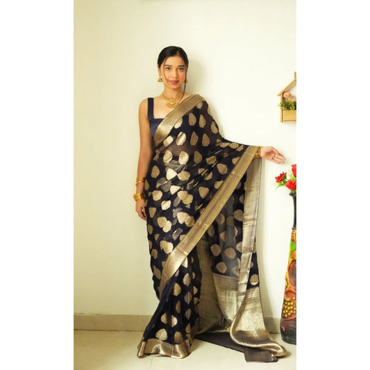 Women's Litchi Silk Printed Saree With Unstitched Blouse (black) | Women Signature Collection