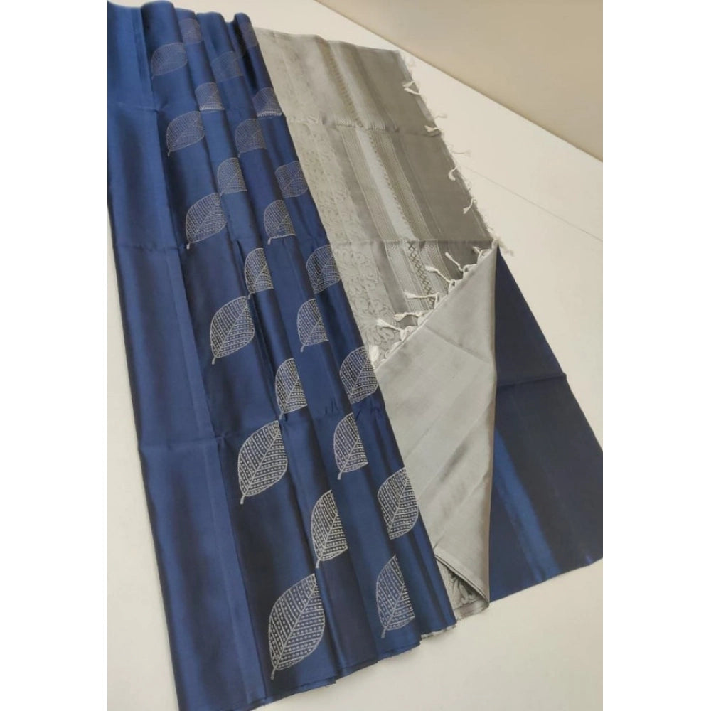 Women's Litchi Silk Printed Saree With Unstitched Blouse (dark Blue) | Women Signature Collection