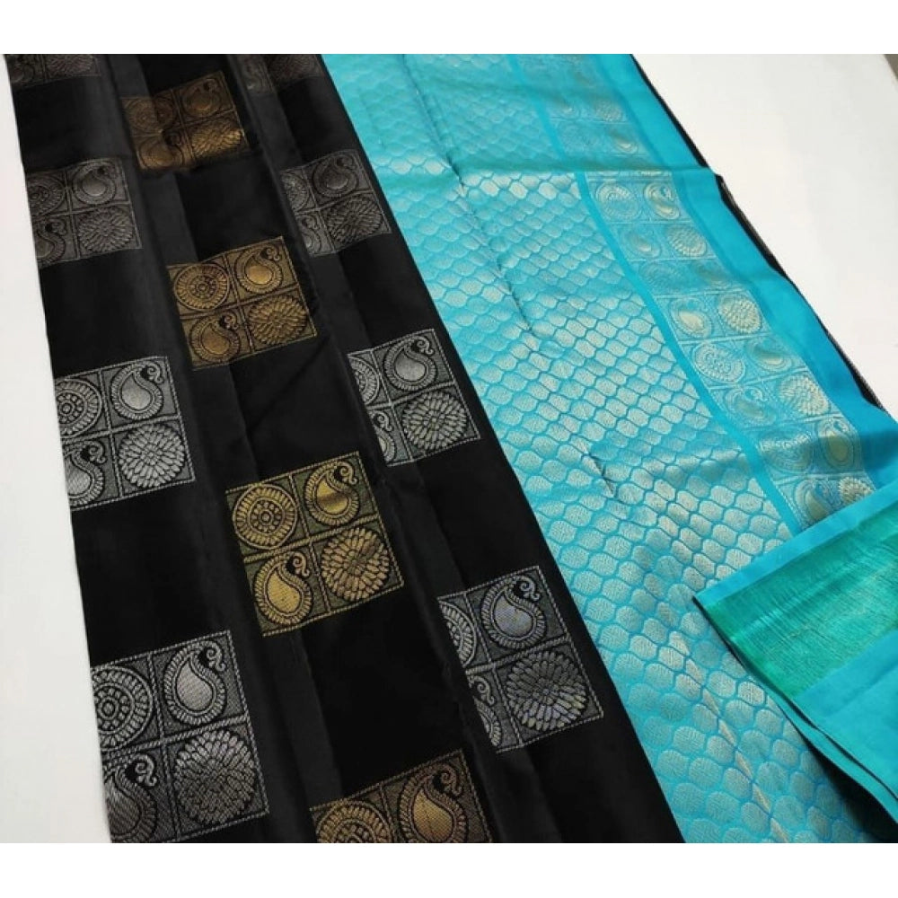 Women's Litchi Silk Printed Saree With Unstitched Blouse (black With Blue) | Women Signature Collection
