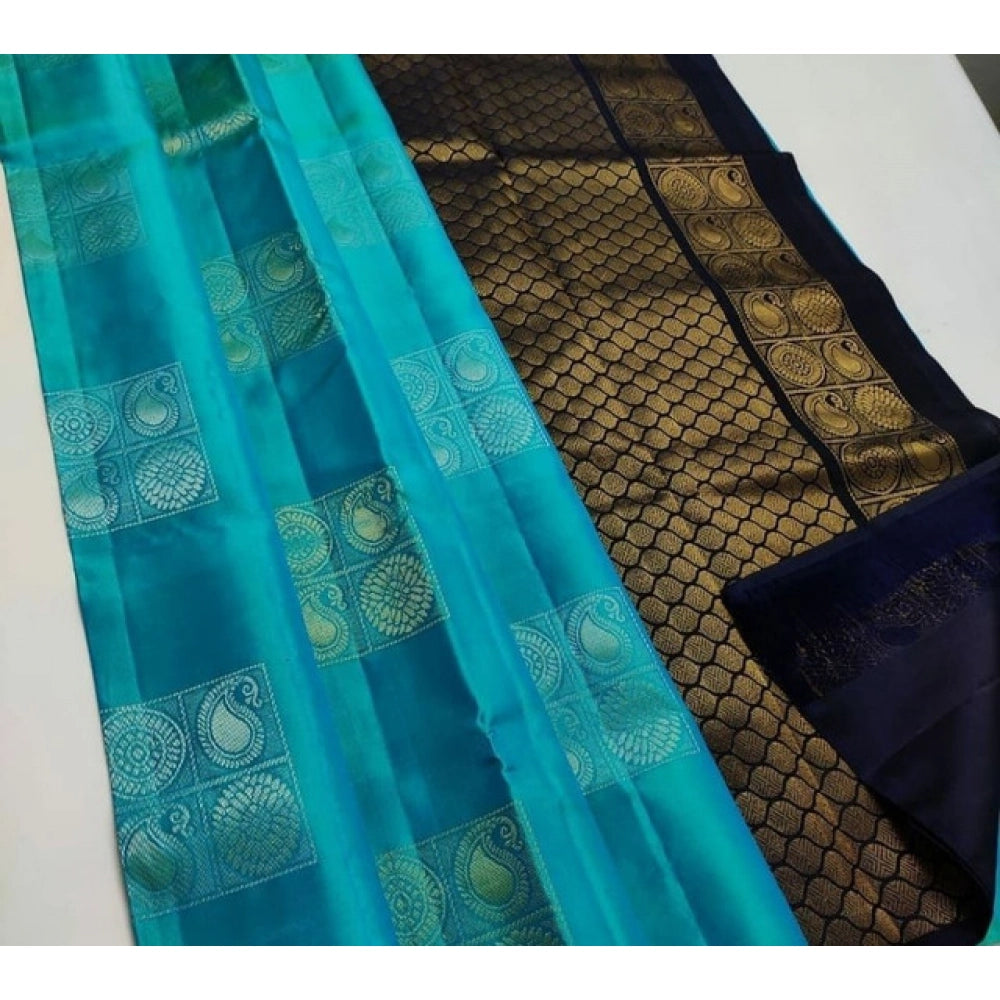 Women's Litchi Silk Printed Saree With Unstitched Blouse (light Blue With Black) | Women Signature Collection
