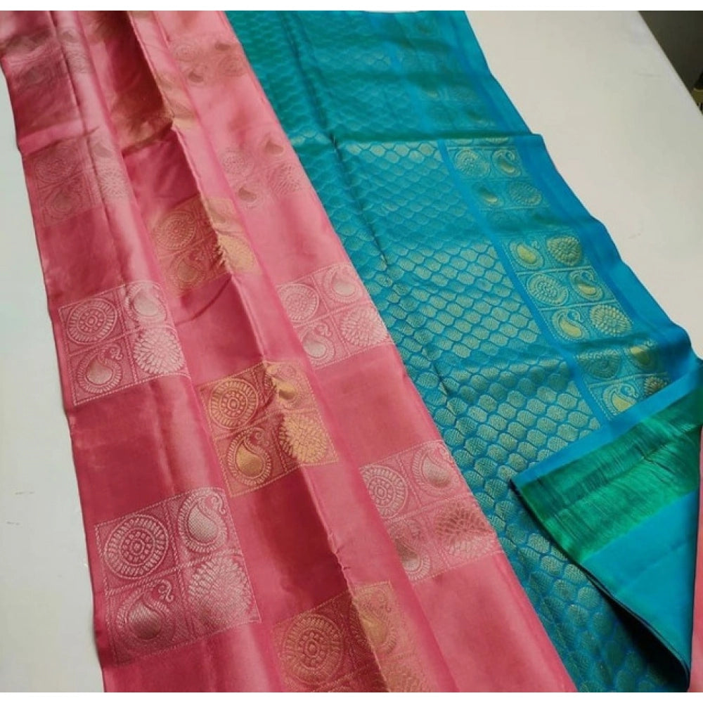 Women's Litchi Silk Printed Saree With Unstitched Blouse (peach With Turquise Green) | Women Signature Collection