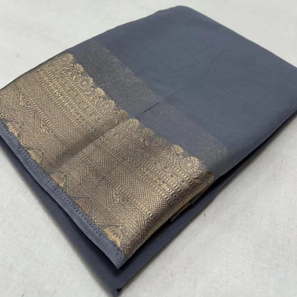 Women's Crepe Chit Pallu Solid Saree With Unstitched Blouse 5.5mtr (grey) | Women Signature Collection