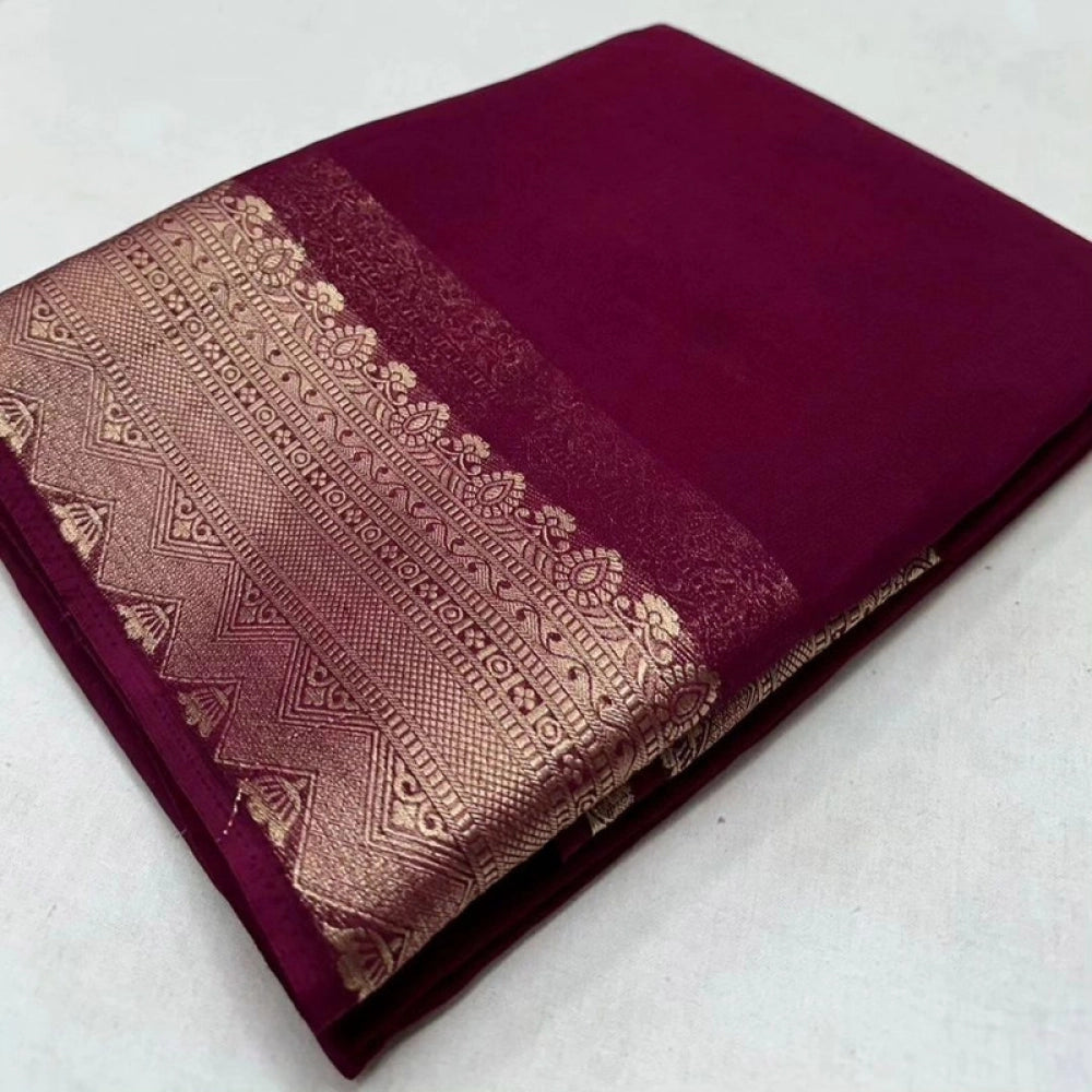 Women's Crepe Chit Pallu Solid Saree With Unstitched Blouse 5.5mtr (purple) | Women Signature Collection