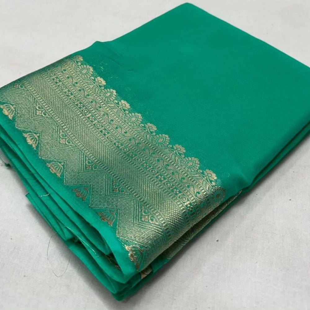Women's Crepe Chit Pallu Solid Saree With Unstitched Blouse 5.5mtr (turquoise Green) | Women Signature Collection