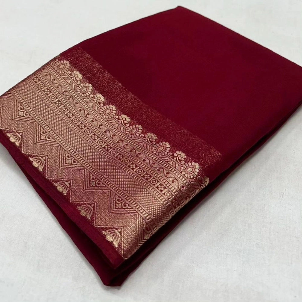 Women's Crepe Chit Pallu Solid Saree With Unstitched Blouse 5.5mtr (maroon) | Women Signature Collection