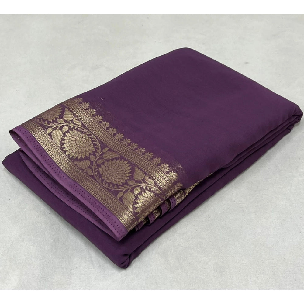 Women's Crepe Chit Pallu Solid Saree With Unstitched Blouse 5.5mtr (purple) | Women Signature Collection