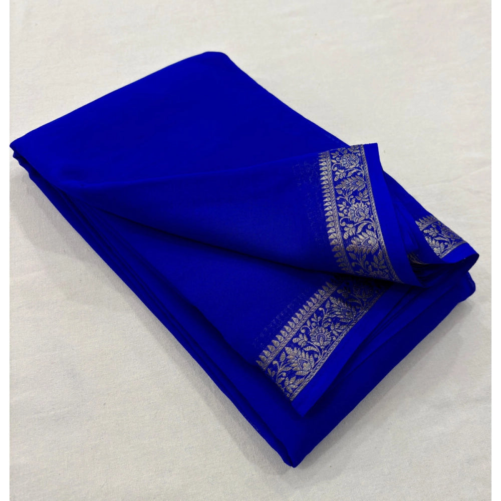 Women's Crepe Chit Pallu Solid Saree With Unstitched Blouse 5.5mtr (blue) | Women Signature Collection