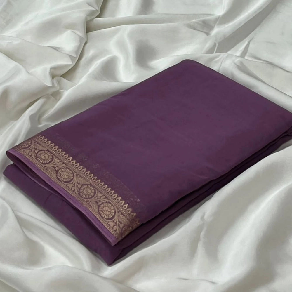 Women's Crepe Chit Pallu Solid Saree With Unstitched Blouse 5.5mtr (violet) | Women Signature Collection