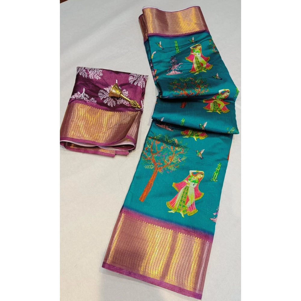 Women's Digital Dolla Silk Printed Saree With Unstitched Blouse 5.5mtr (turquoise Green) | Women Signature Collection
