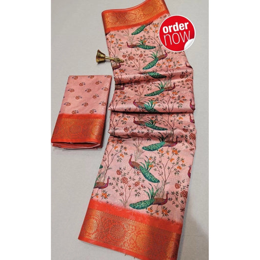 Women's Digital Dolla Silk Printed Saree With Unstitched Blouse 5.5mtr (orange) | Women Signature Collection