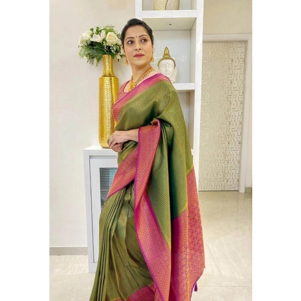 Women's Soft Lichi Silk Printed Saree With Unstitched Blouse 5.5mtr (mehndi Green) | Women Signature Collection