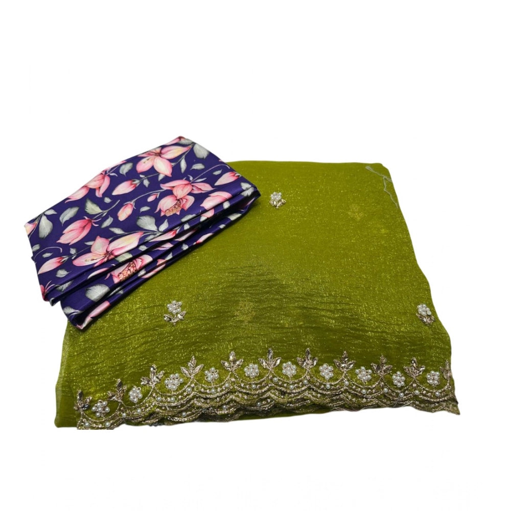 Women's Stone Work Soft Silk Saree With Unstitched Blouse (green, 5 6 Mtrs) | Women Signature Collection
