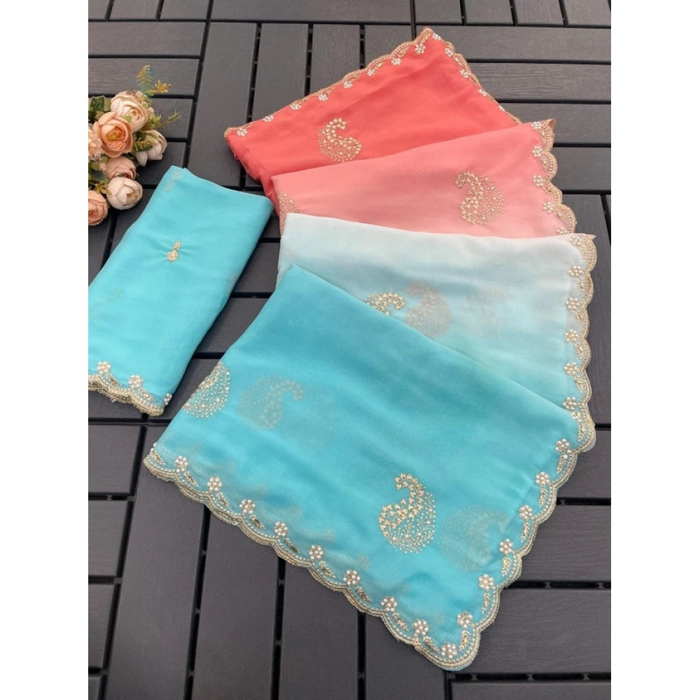 Women's Digital Printed Geogette Saree With Unstitched Blouse (blue, 5 6 Mtrs) | Women Signature Collection
