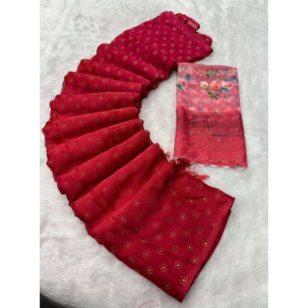 Women's Printed Brasso Saree With Unstitched Blouse (red, 5 6 Mtrs) | Women Signature Collection