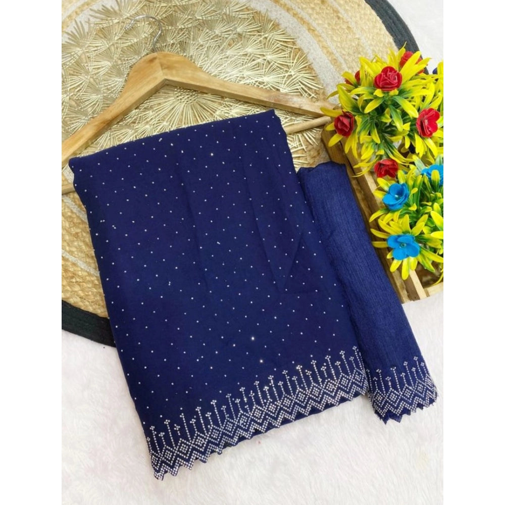 Women's Georgette Stone Work Saree With Unstitched Blouse 5.5mtr (blue) | Women Signature Collection