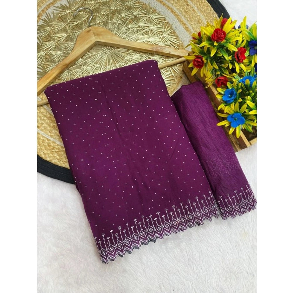 Women's Georgette Stone Work Saree With Unstitched Blouse 5.5mtr (purple) | Women Signature Collection