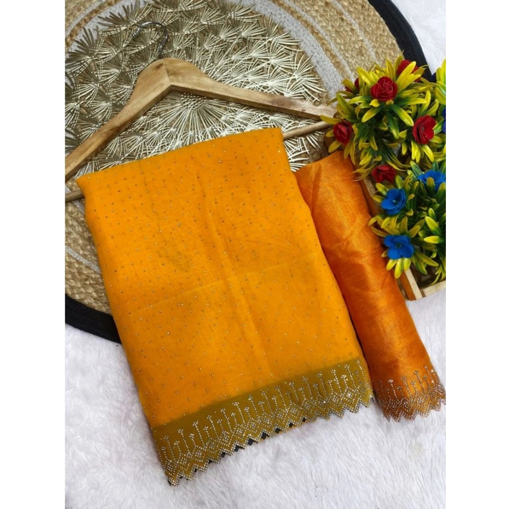 Women's Georgette Stone Work Saree With Unstitched Blouse 5.5mtr (yellow) | Women Signature Collection