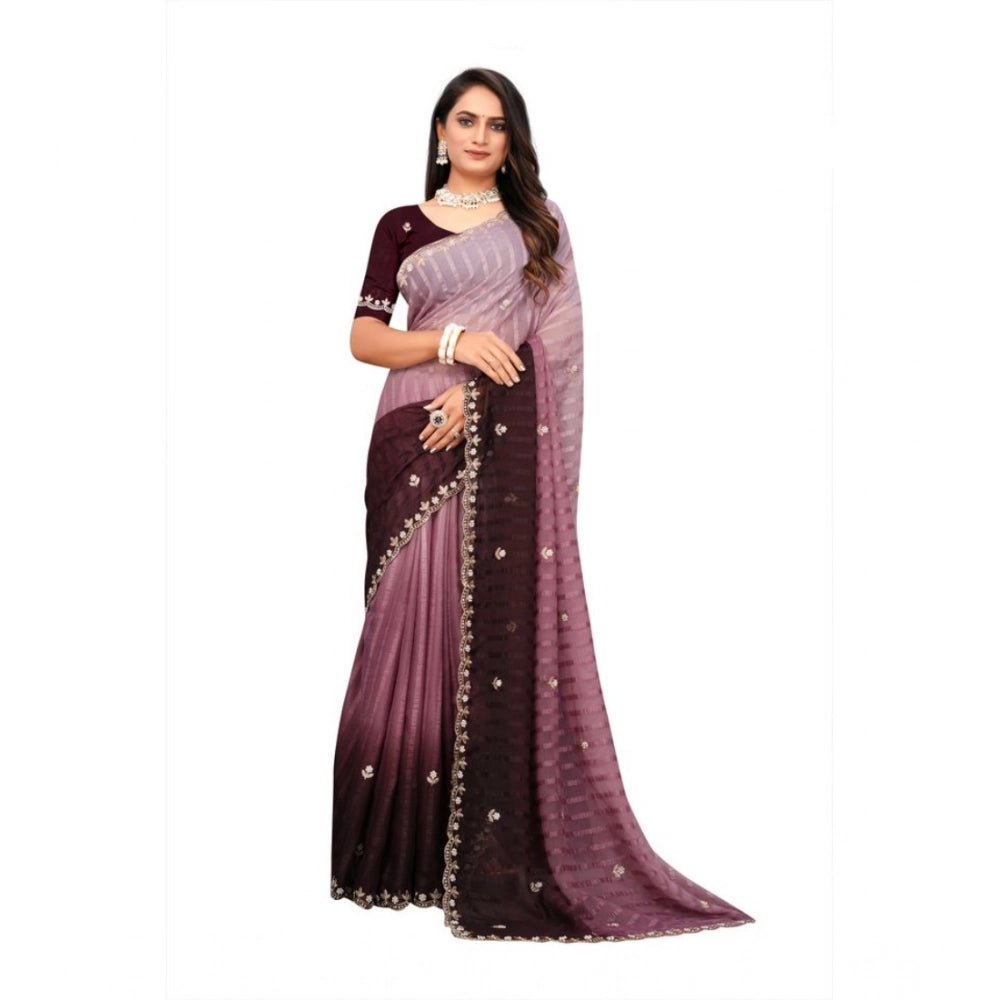 Women's Chiffon Embroidred Saree With Unstitched Blouse 5.5mtr (beige) | Women Signature Collection