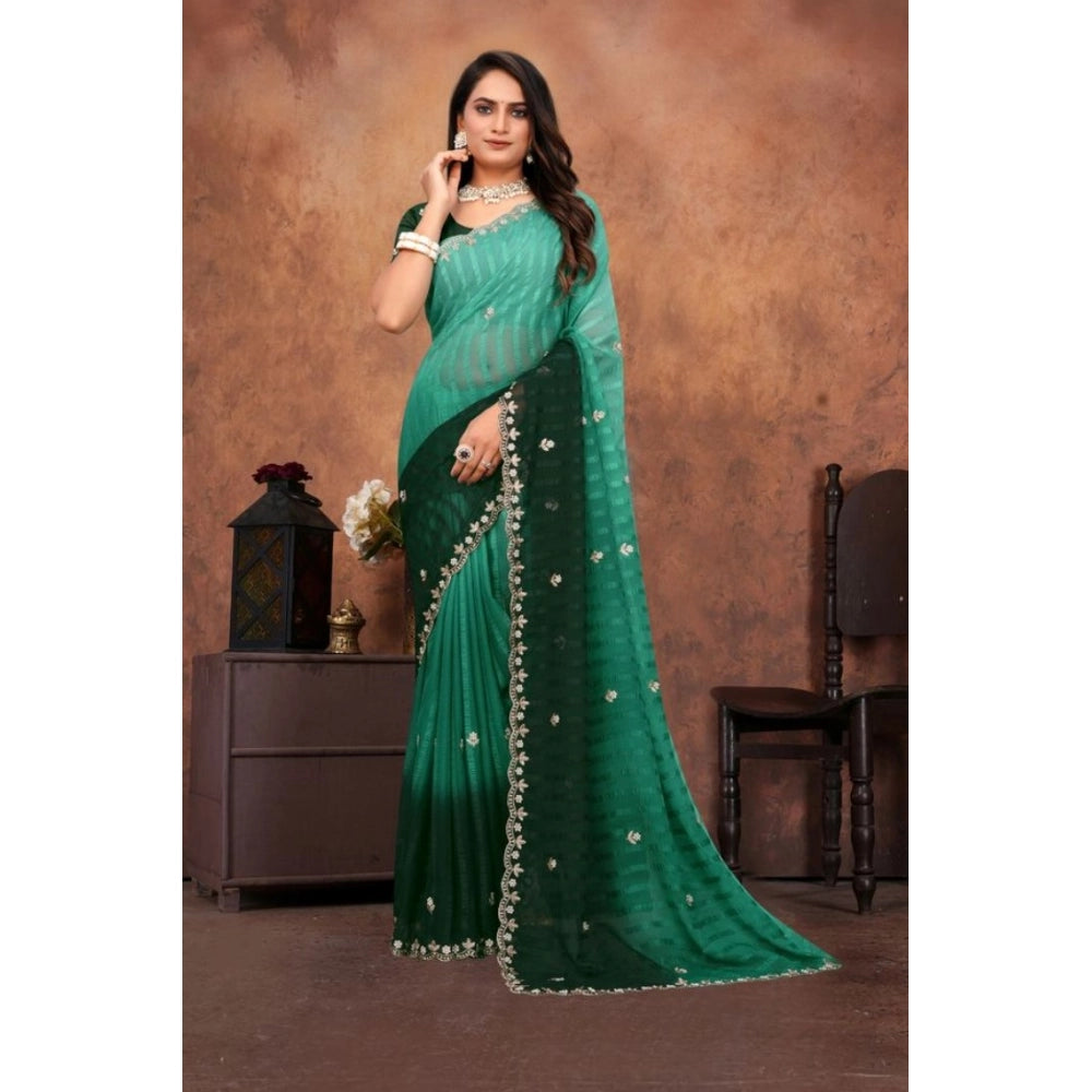 Women's Chiffon Embroidred Saree With Unstitched Blouse 5.5mtr (dark Green) | Women Signature Collection