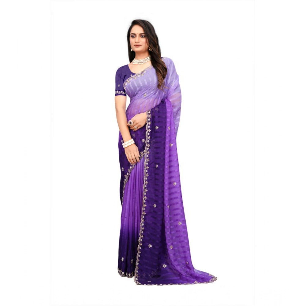 Women's Chiffon Embroidred Saree With Unstitched Blouse 5.5mtr (purple) | Women Signature Collection