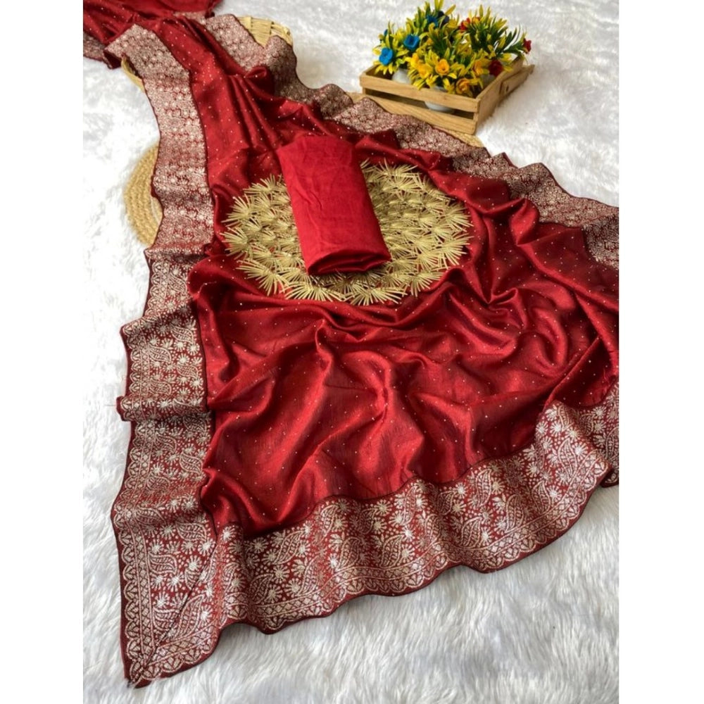 Women's Silk Embroidred Saree With Unstitched Blouse 5.5mtr (red) | Women Signature Collection