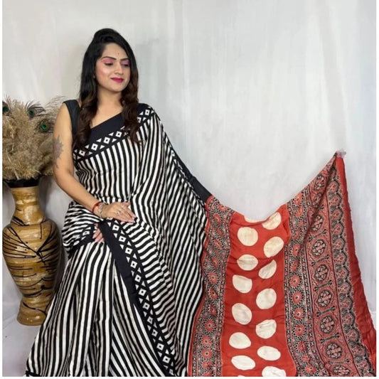 Women's Satin Printed Saree With Unstitched Blouse 5.5mtr (black) | Women Signature Collection