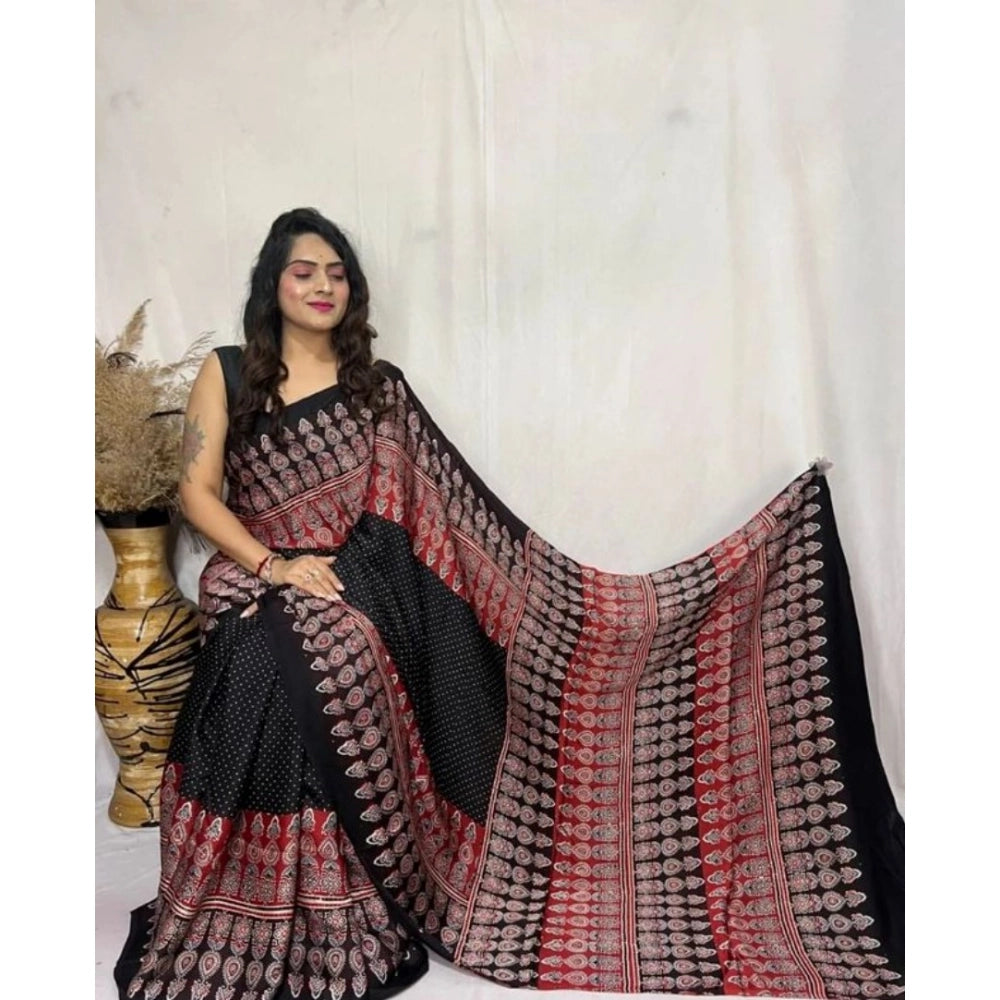 Women's Satin Printed Saree With Unstitched Blouse 5.5mtr (black) | Women Signature Collection
