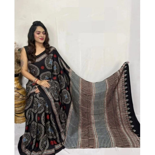 Women's Satin Printed Saree With Unstitched Blouse 5.5mtr (black) | Women Signature Collection