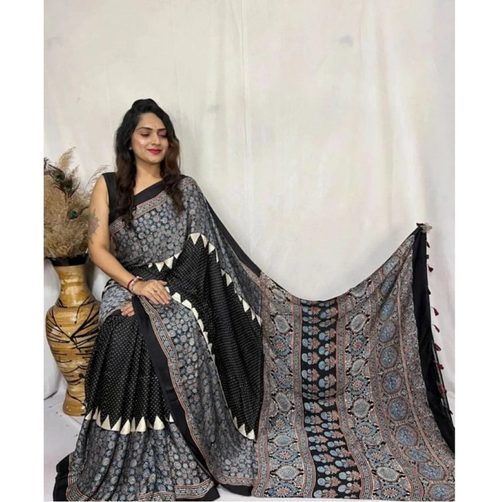 Women's Satin Printed Saree With Unstitched Blouse 5.5mtr (black) | Women Signature Collection