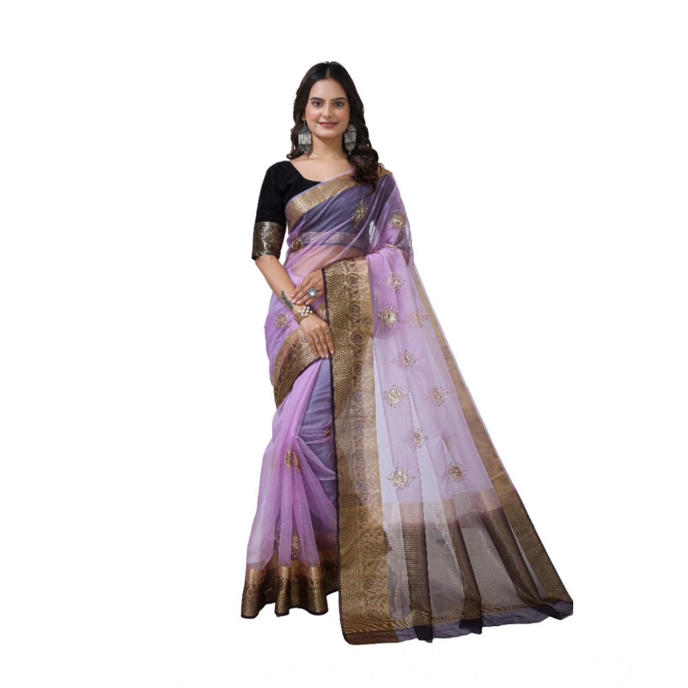 Women's Organza Jacquard Embellished Saree With Unstitched Blouse 5.5mtr (purple) | Women Signature Collection