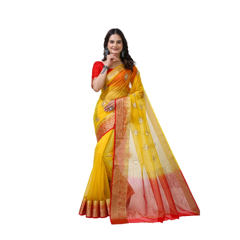 Women's Organza Jacquard Embellished Saree With Unstitched Blouse 5.5mtr (yellow) | Women Signature Collection