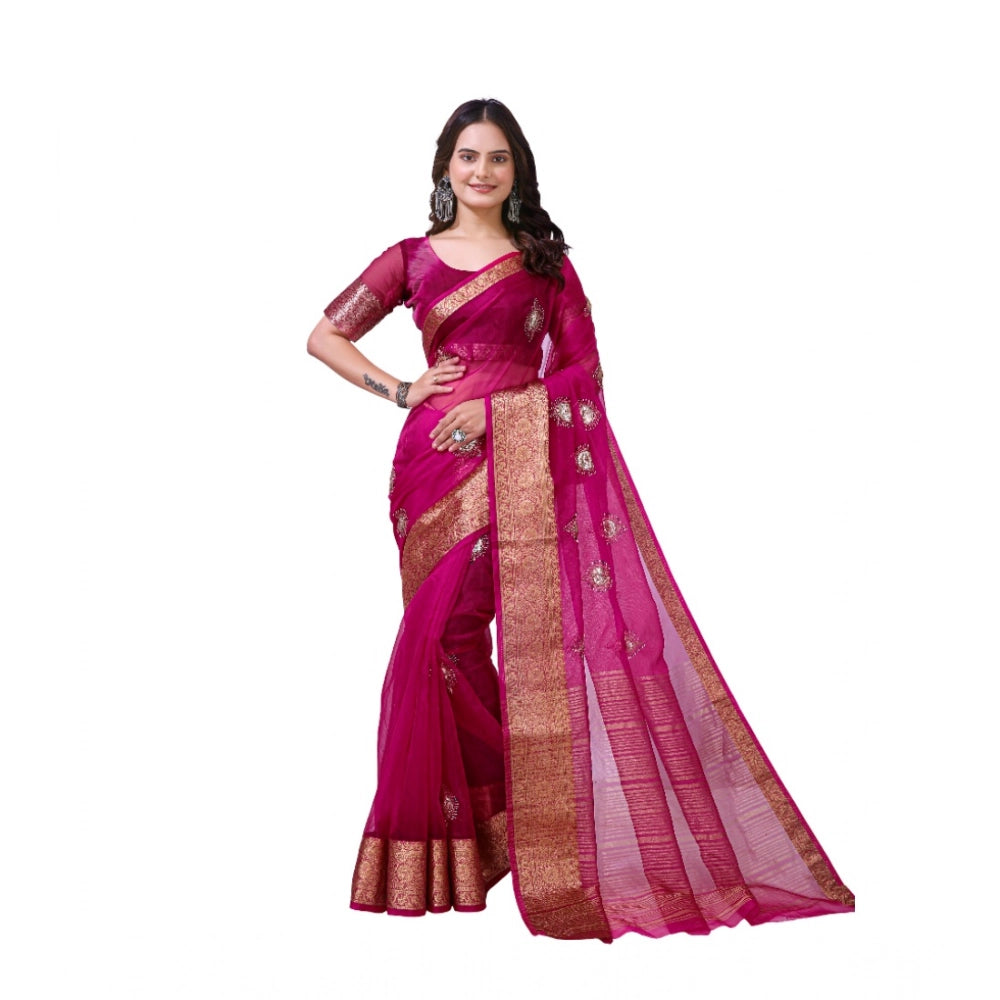 Women's Organza Jacquard Embellished Saree With Unstitched Blouse 5.5mtr (pink) | Women Signature Collection