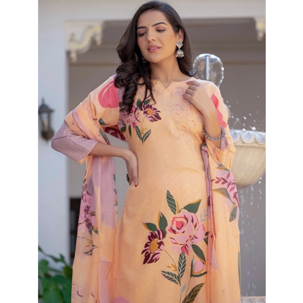 Women's Cotton Blend Printed Kurti With Pant Dupatta Set (orange) | Women Signature Collection
